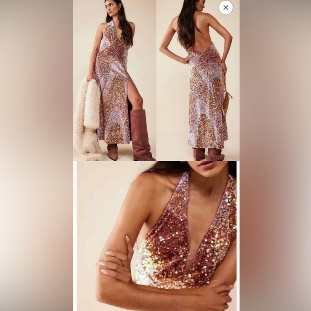 NWT Free People Pink Rose Glitter & Gold Dress